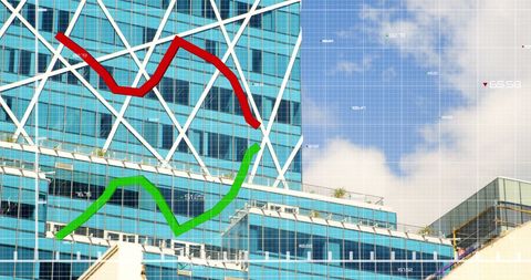 Financial Market Trends Overlaid on Modern Building Architecture