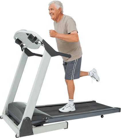 Smiling senior man running on a transparent treadmill