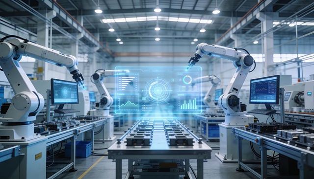 Robotic Arms Assembling Electronics on Smart Factory Conveyor with Holographic Analytics