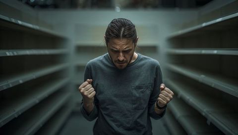 Man clenching fists in empty retail aisle lowering head showing frustration and isolation