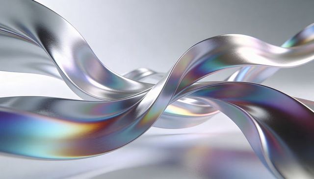 Twisting iridescent metallic ribbons flowing across glossy chrome waves