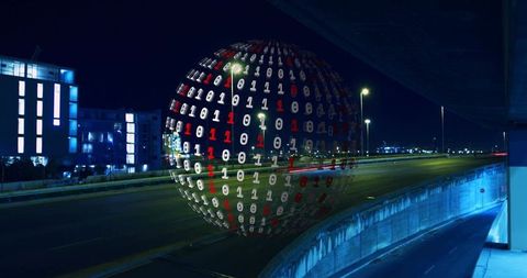 Glowing binary data sphere hovering above neon city highway at night