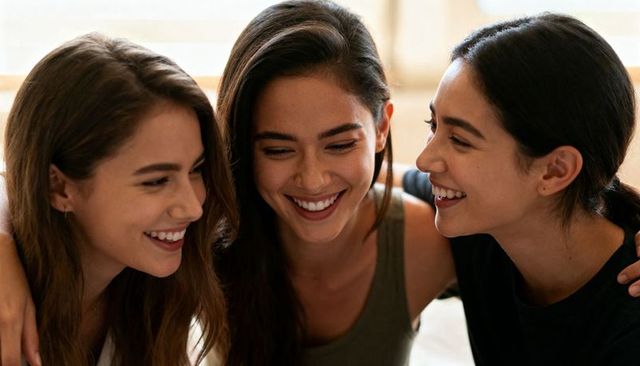 Three friends smiling leaning together on couch sharing warm laughs and close friendship