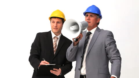 Two Architects with Megaphone Giving Instructions