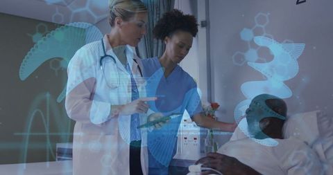 Healthcare Team Using Technology with Patient in Hospital Setting