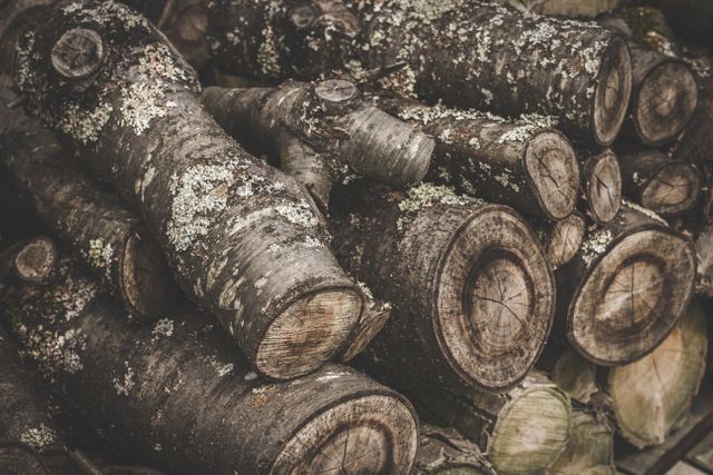 Wood logs are piled, showcasing detailed textures of bark and moss. Useful for themes like forestry, woodworking, rustic décor, sustainable materials, and nature backgrounds. Ideal for illustrating concepts such as timber industry, environmental conservation, or natural resources.