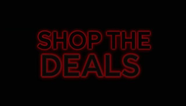 Red neon shop deals text on black background with glowing outline
