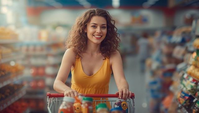 Woman shopping in supermarket aisle with trolley filled with goodies