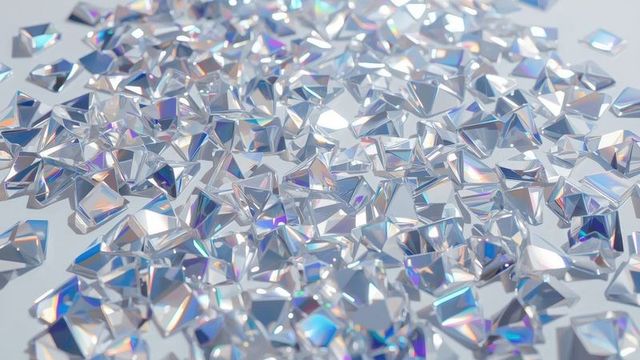 Iridescent triangular crystals glinting on white surface