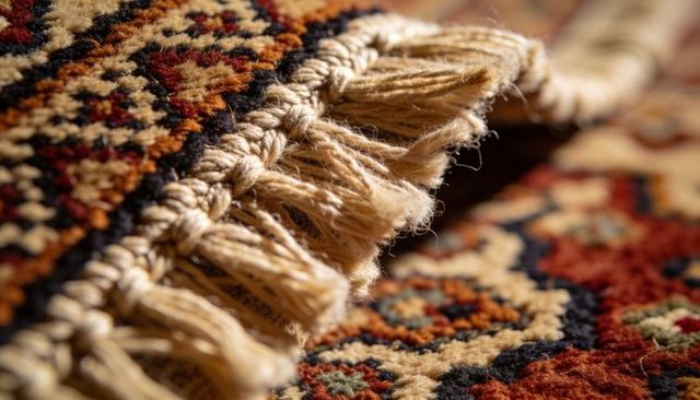 Showing woven rug fringe with beige tassels and braided edge on colorful patterned pile