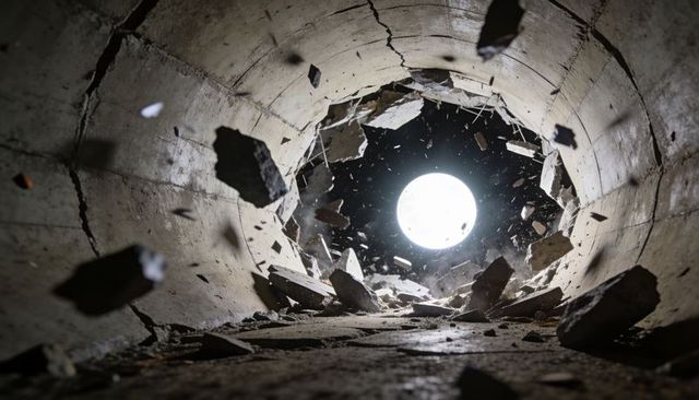 Collapsing concrete culvert revealing opening with flying rubble, dust and exposed rebar