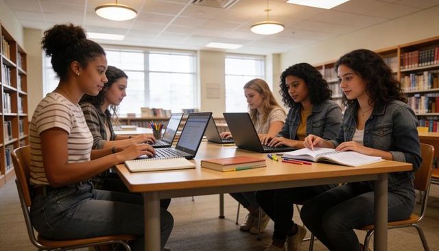 College Students Collaborating at Library Table Using Laptops and Notebooks for Group Study