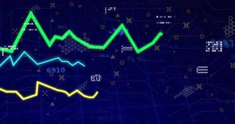 Futuristic Digital Dashboard with Neon Line Charts Analysis