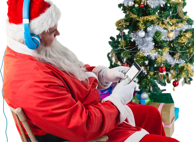 Transparent Santa Claus Using Mobile Phone by Christmas Tree with Gifts - Download Free Stock Videos Pikwizard.com