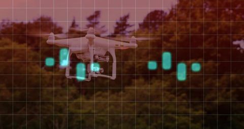 Hovering White Quadcopter Over Forest with Teal HUD Telemetry Grid at Dusk