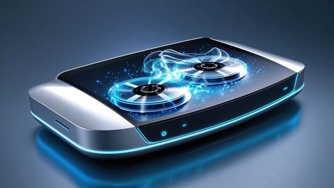 Futuristic holographic display with spinning discs and glowing light, home movies evolution