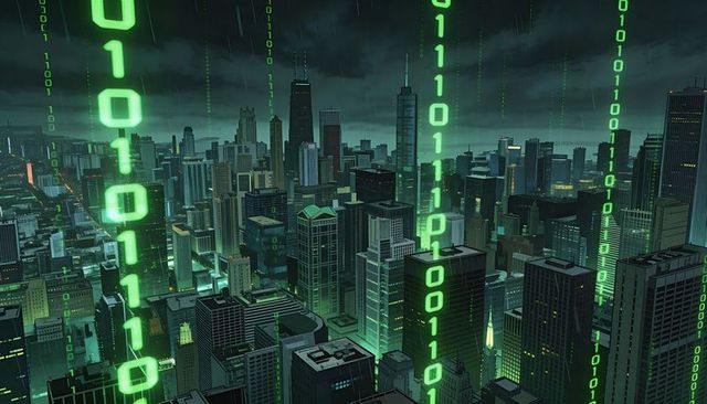 Neon Binary Rain Streaming Over Futuristic Cityscape with Glowing Skyscrapers and Antennas