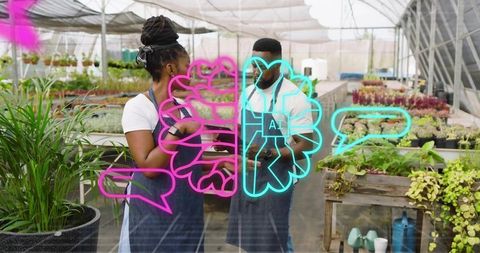 Greenhouse nursery staff discussing plant care with neon AI brain overlay indicating collaboration