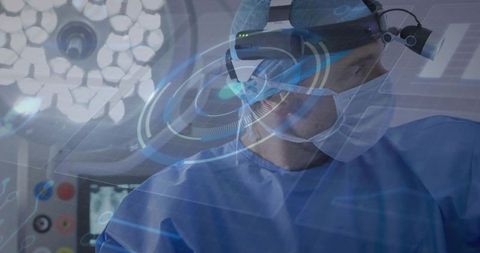 Surgeon wearing ar headset performing precision surgery with hud overlays in hospital or