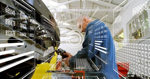 Senior mechanic activating diagnostic scanner with AR schematics finding vehicle faults