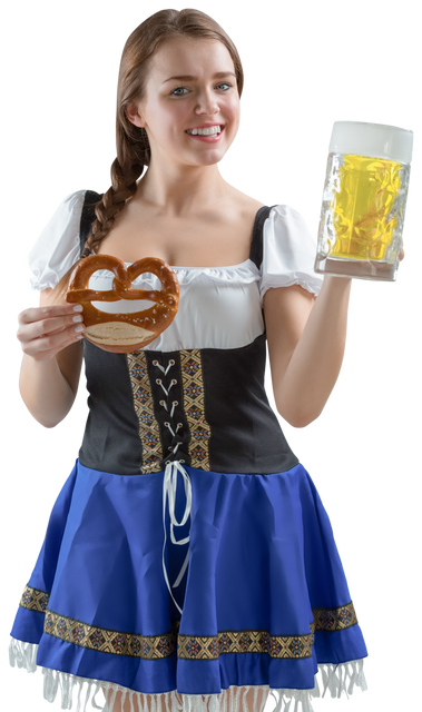 Smiling Woman in Oktoberfest Dress Holding Beer and Pretzel, Transparent Background - Download Free Stock Videos Pikwizard.com