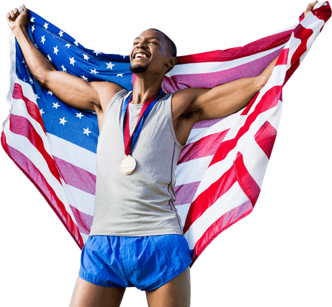 Triumphant Athlete with USA Flag and Gold Medal on Transparent Background