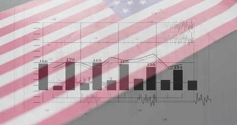 US Flag Overlaying Stock Market Data Visualization
