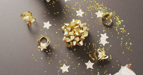 Festive christmas decorations with golden bow and stars