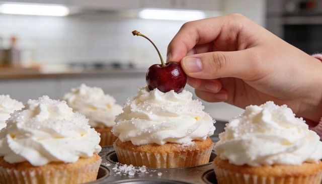 Placing Cherry atop Frosted Vanilla Cupcake while Decorating Homemade Cupcakes in Kitchen