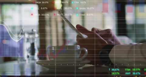 Digital finance: man analyzing data on tablet in cafe