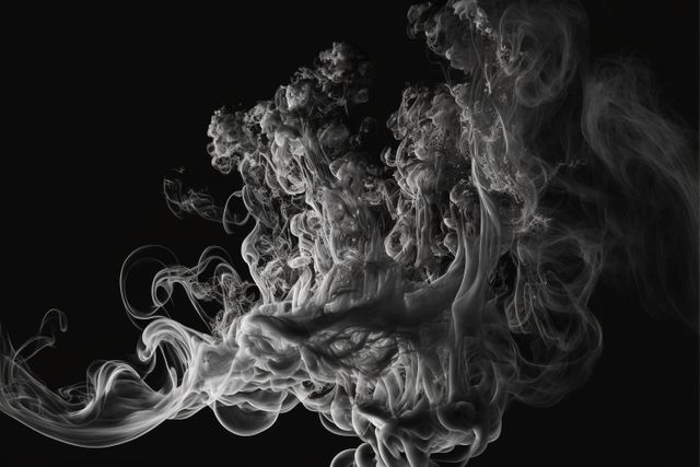 Dynamic swirling white smoke creating abstract shapes on black background. Perfect for use in graphic design, artworks, background textures, ethereal themes, and posters requiring a mysterious or dreamy element.