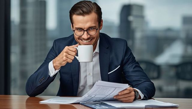 Confident Businessman Enjoying Coffee Break in Urban Office