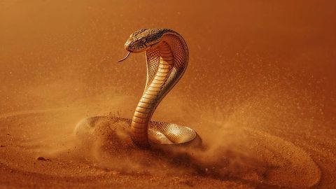 Majestic king cobra emerging in desert sand with dust halo