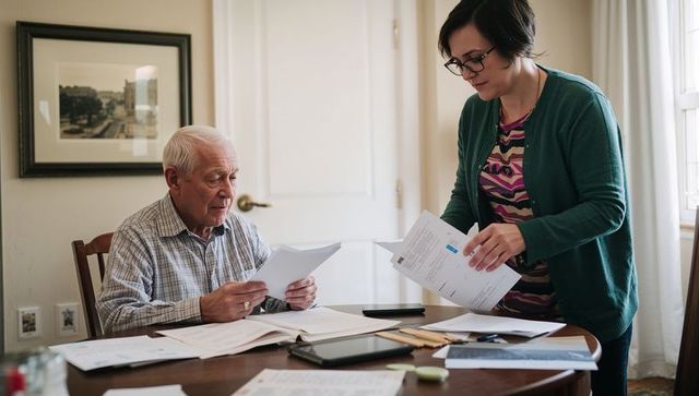 Adult daughter helping elderly father review bills and organize documents at home