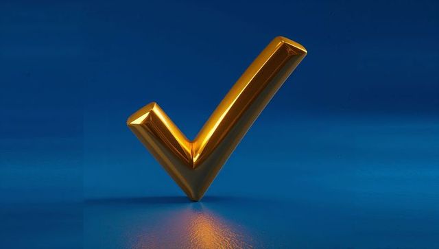 Shining 3d golden check mark on reflective blue surface