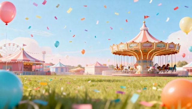 Spinning pastel carousel under blue sky with balloons, confetti, tents and ferris wheel
