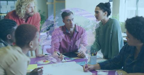 Diverse Business Team Analyzing Global Strategies with Holographic Globe