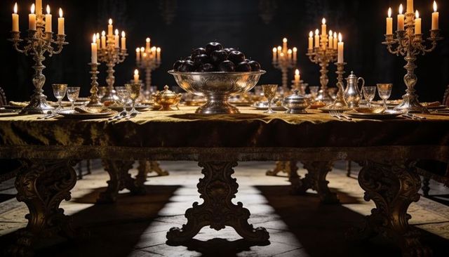 Gilded Baroque Banquet Table Illuminated by Candlelight Featuring Ornate Silver Fruit Bowl