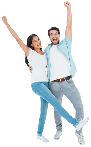 Enthusiastic couple celebrating happiness transparent background