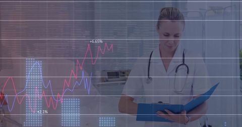 Female Doctor Analyzing Data with Financial Graphs Overlay