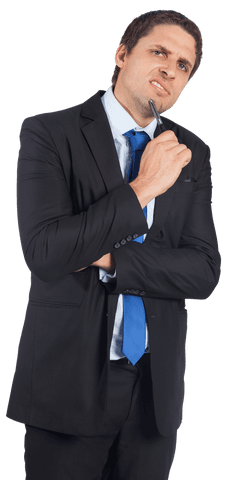 Conflicted businessman in suit showing frustration in transparent setting