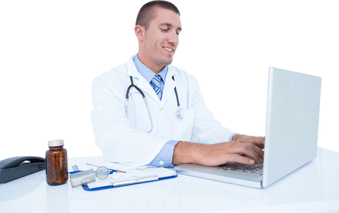 Transparent doctor smiling using laptop at desk with clipboard