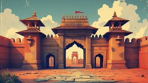 Stone Gate of Medieval Fortress Under Teal Sky with Red Flag