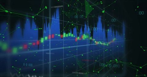 Futuristic finance dashboard with candlesticks and data network