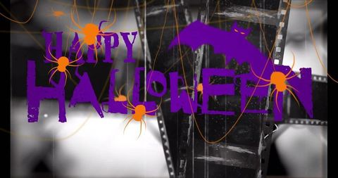 Grunge halloween typography with purple bat, orange spiders and vintage film strip