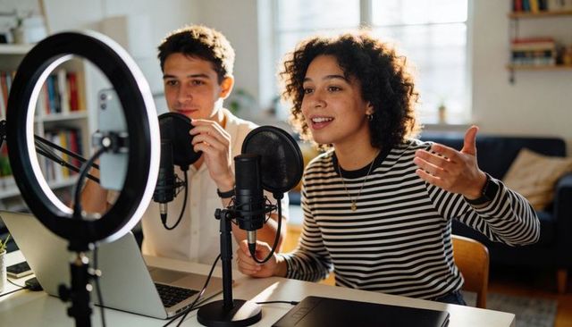Two Podcasters Recording Together in Bright Home Studio with Microphones, Ring Light, Laptop