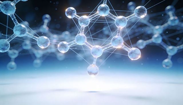 Glassy Molecular Network Hovering Over Blue Gradient Plane with Luminous Bonds and Spheres