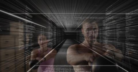 Couple Training with Kettlebells in Futuristic Digital Tunnel Fitness Data Visualization