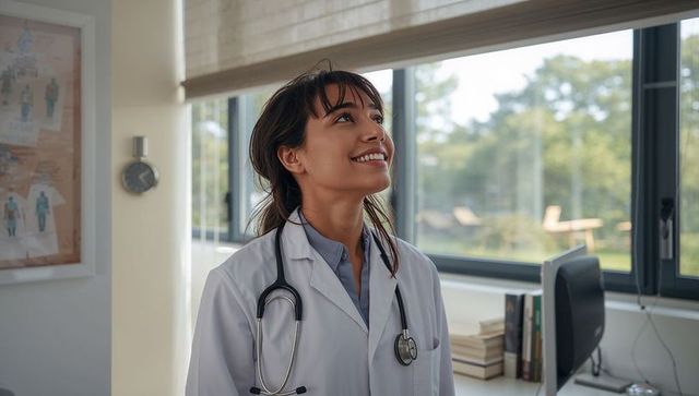 Young female doctor smiling and looking upward in bright clinic office with stethoscope