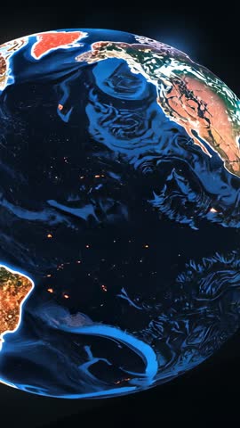 Vertical neon globe rotating and revealing South America with glowing coastal city lights